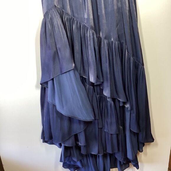 Cinq à Sept Soliel Metallic Ruffle High Low Dress‎ Navy Blue Size 4 - Picture 4 of 14